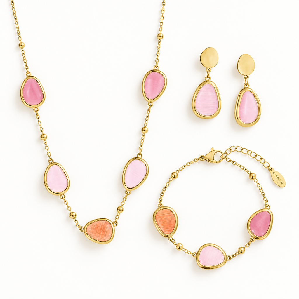 Set ChiMiAma - Parure Pietre Rosa & Pesca in Acciaio 316L