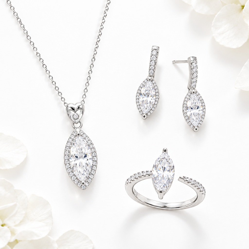 Set ChiMiAma - Collana, Orecchini & Anello Navette Zirconi in Argento 925
