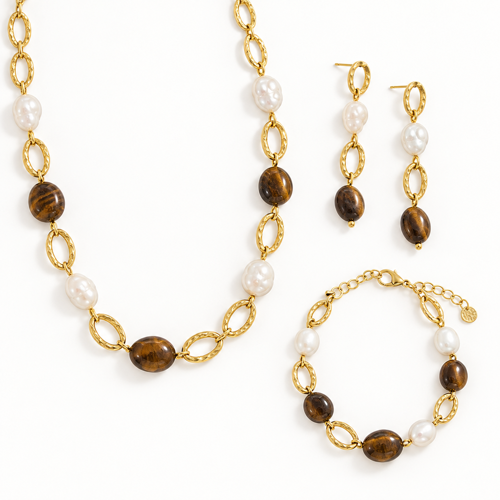 Set ChiMiAma - Parure Perla Naturale & Occhio di Tigre in Acciaio 316L