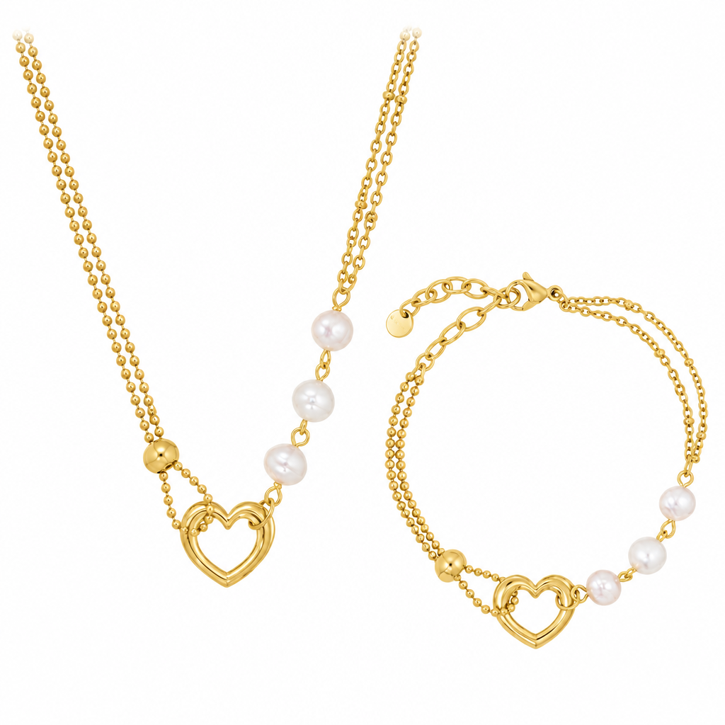 Set Collana e Bracciale ChiMiAma – Acciaio Dorato Cuore Aperto & Perle
