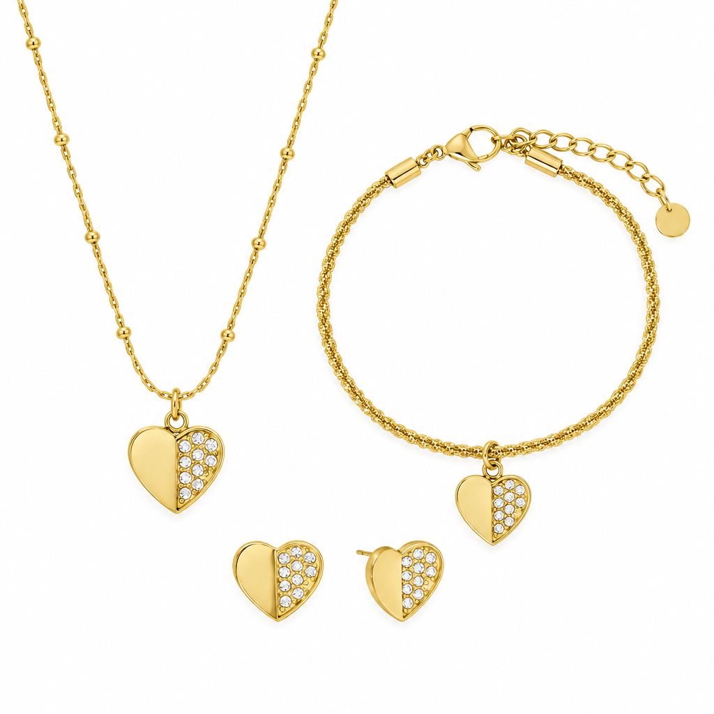 Set Collana, Bracciale e Orecchini ChiMiAma – Acciaio Dorato Cuore Pavé Cristalli