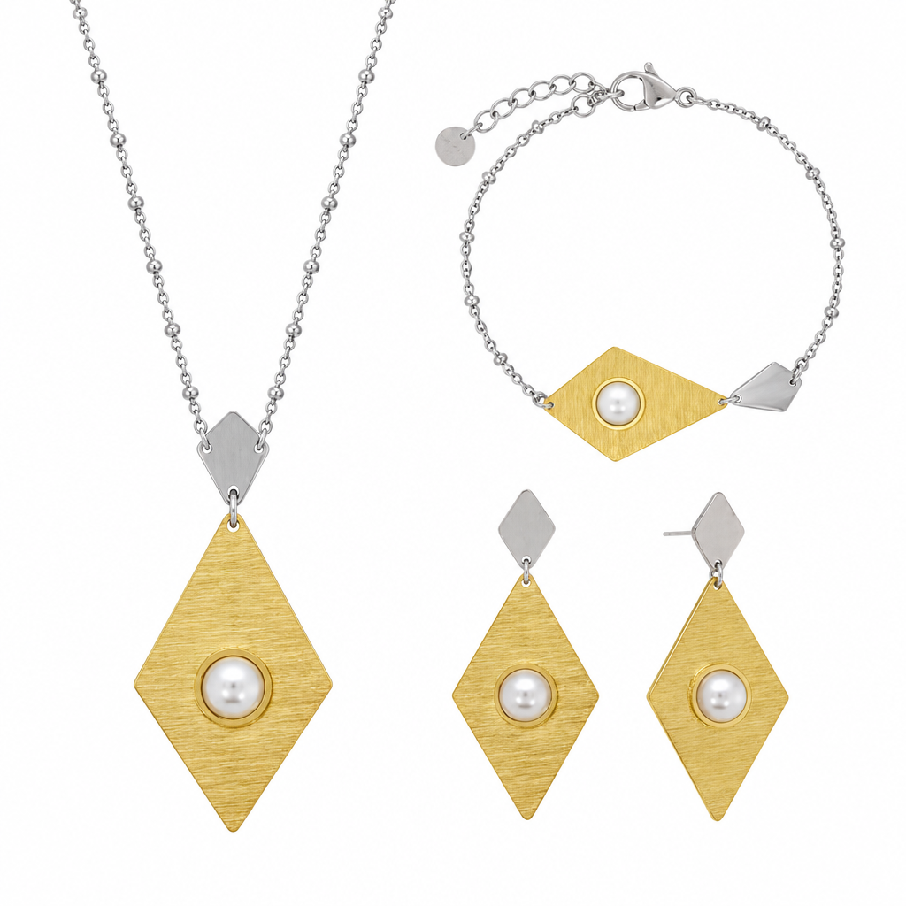 Set Collana, Bracciale e Orecchini ChiMiAma – Acciaio Bicolor Rombo Dorato & Perla