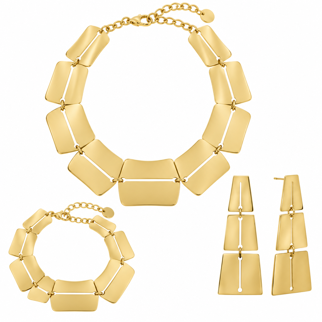 Set Collana, Bracciale e Orecchini ChiMiAma – Acciaio Dorato Piastre Geo