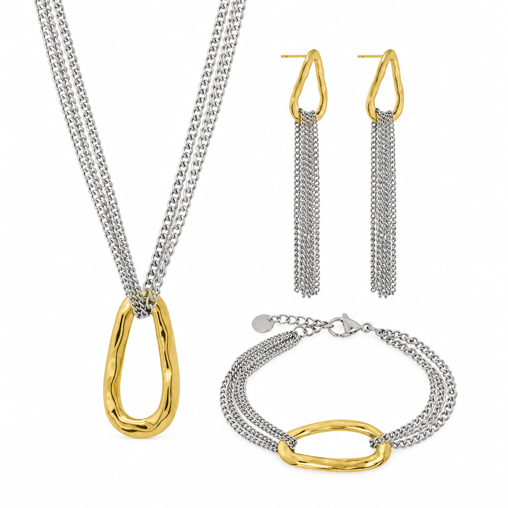 Set Collana, Bracciale & Orecchini ChiMiAma – Acciaio Bicolor Catena & Goccia Dorata